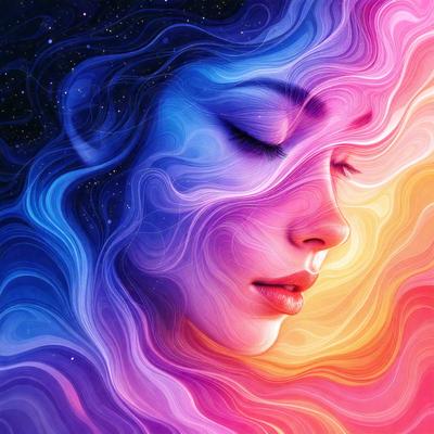 The primary subject of the image is a woman with long hair, who is looking upward. She is surrounded by a vibrant and colorful background, which includes a mix of blue, pink, and orange hues. The visual style of the image is a combination of digital art and illustration, creating a unique and artistic representation of the woman. The overall atmosphere of the image is one of beauty, tranquility, and a sense of wonder.